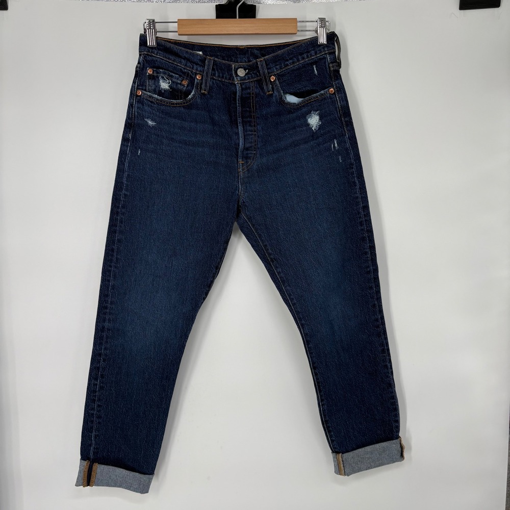 Levi's 501 Skinny‎ Jeans Dark Wash Distressed High Rise Button Fly Denim 31x24